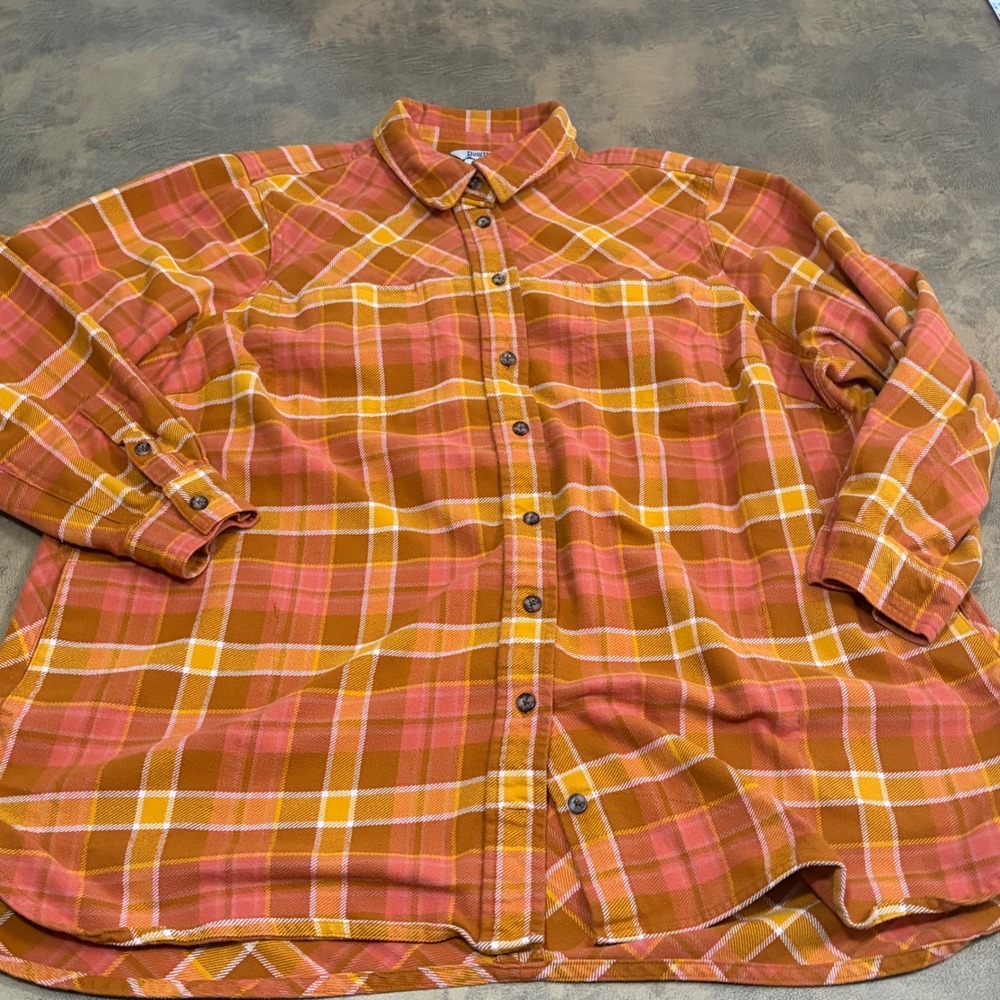 Duluth Trading Co Flannel Shirt Womens 2X Orange Pink Plaid Free Swingin 80734